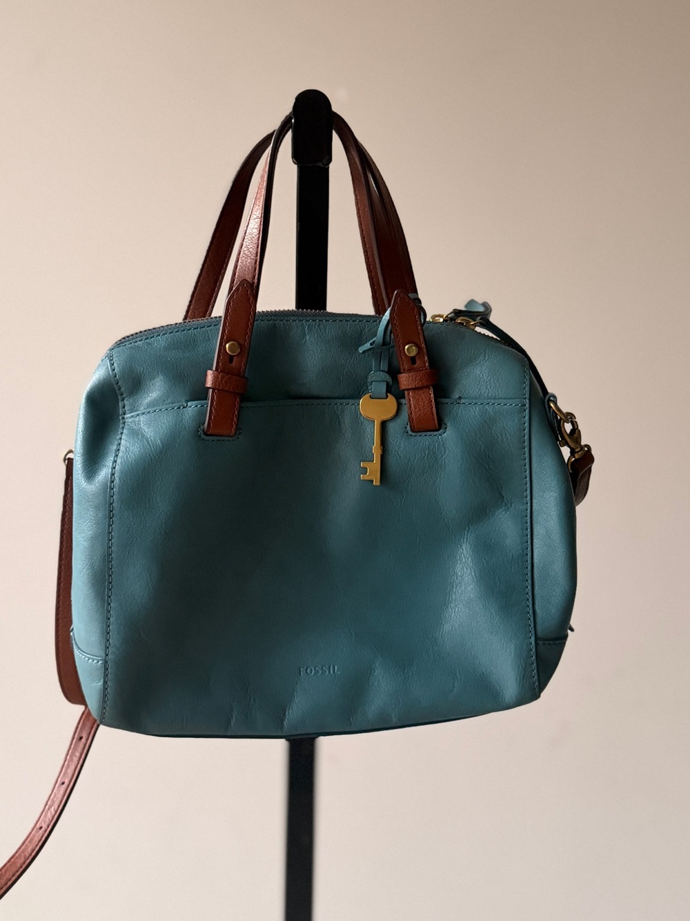 Fossil Teal Leather Satchel with Brown Handles and Gold Key Charm